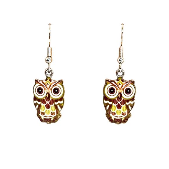 Jewelry - Enamel Silver Owl Hook Earrings #2109